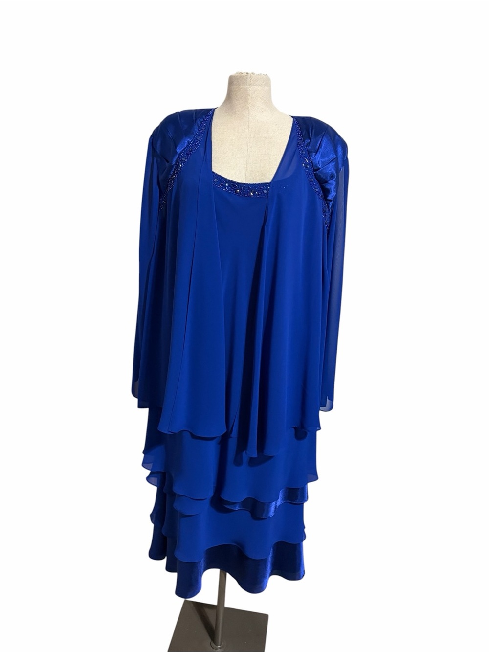S.L. Fashions Beaded Cobalt Blue Evening‎ Tier Chiffon Open Front Jacket 24W